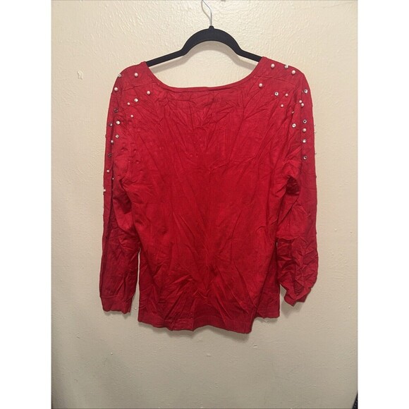 Calvin Klein Red Embellished Pearl‎ Detail Long Sleeve Top Size L - Picture 6 of 8